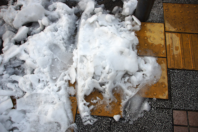 雪で覆われた点字ブロック