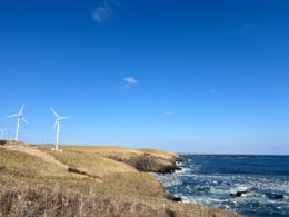 海沿いの丘に建てられた風車の無料写真素材